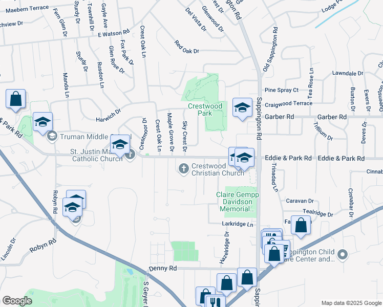 map of restaurants, bars, coffee shops, grocery stores, and more near 11732 Eddie And Park Road in St. Louis