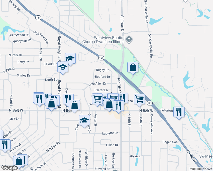 map of restaurants, bars, coffee shops, grocery stores, and more near 23 Exeter Lane in Belleville
