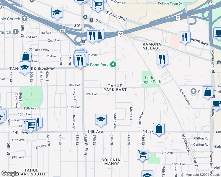 map of restaurants, bars, coffee shops, grocery stores, and more near 3340 Redding Avenue in Sacramento