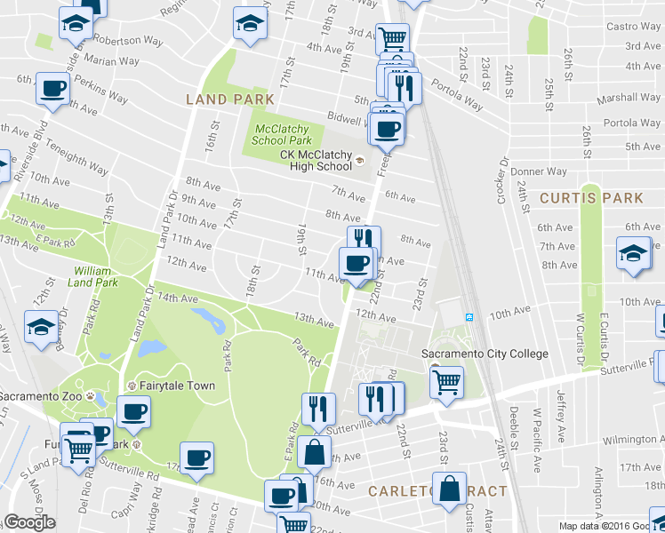 map of restaurants, bars, coffee shops, grocery stores, and more near 3601 College Avenue in Sacramento