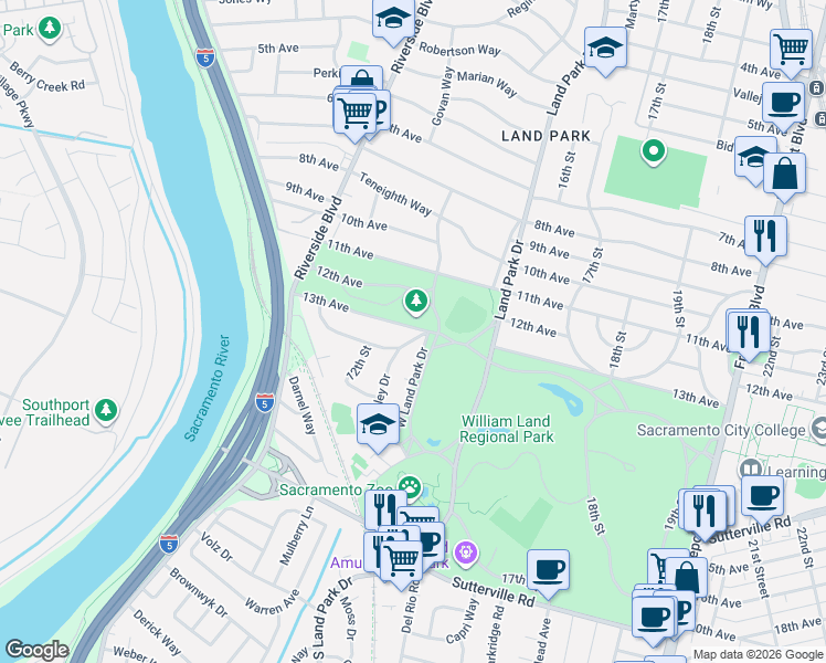 map of restaurants, bars, coffee shops, grocery stores, and more near 1251 Cavanaugh Way in Sacramento