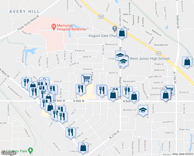map of restaurants, bars, coffee shops, grocery stores, and more near 543 North 40th Street in Belleville