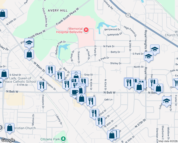 map of restaurants, bars, coffee shops, grocery stores, and more near 4500 Gray Street in Belleville