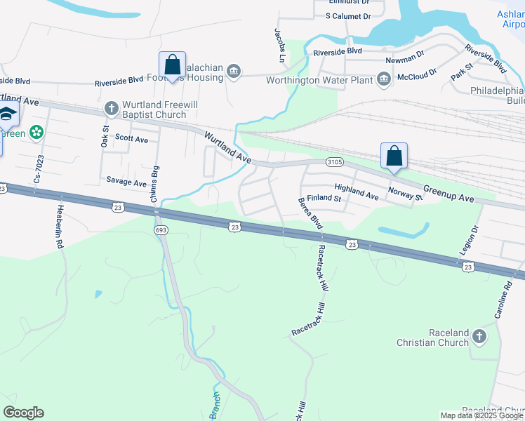 map of restaurants, bars, coffee shops, grocery stores, and more near U.S. 23 in Russell
