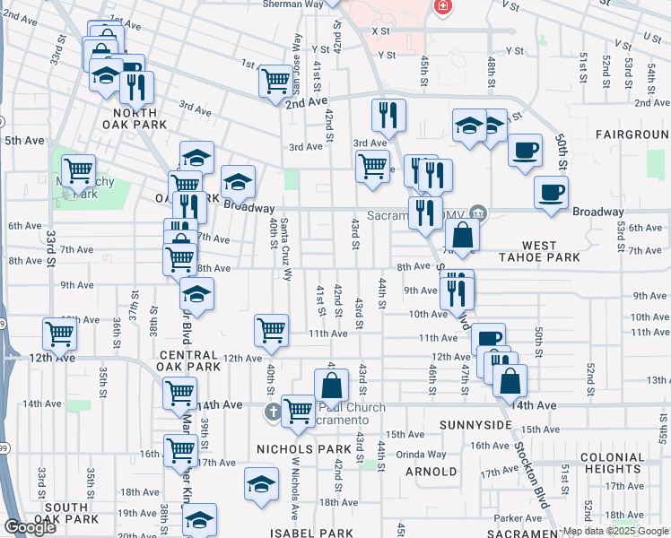 map of restaurants, bars, coffee shops, grocery stores, and more near 42nd Street & 8th Avenue in Sacramento