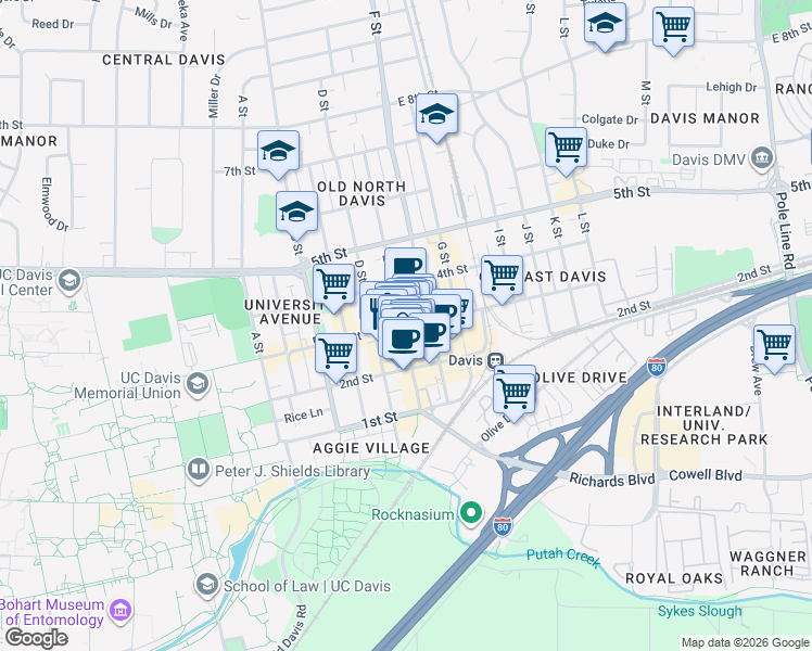 map of restaurants, bars, coffee shops, grocery stores, and more near 609 3rd Street in Davis