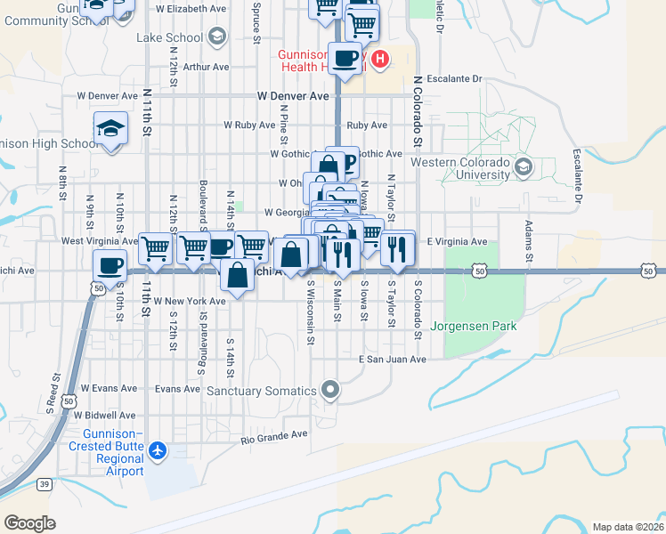 map of restaurants, bars, coffee shops, grocery stores, and more near 101 North Main Street in Gunnison