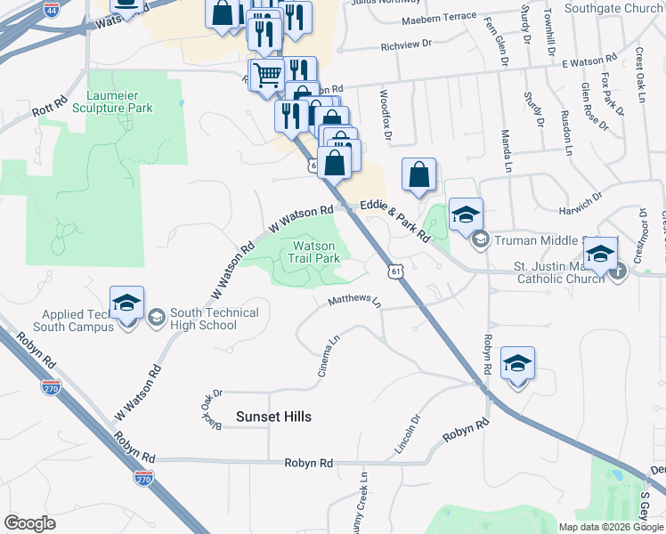 map of restaurants, bars, coffee shops, grocery stores, and more near 12443 Matthews Lane in St. Louis