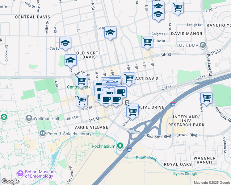 map of restaurants, bars, coffee shops, grocery stores, and more near 212 F Street in Davis