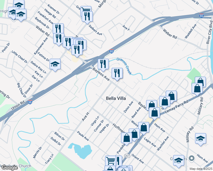 map of restaurants, bars, coffee shops, grocery stores, and more near 709 Avenue H in St. Louis