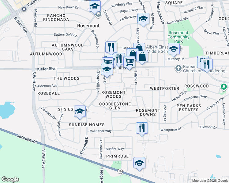 map of restaurants, bars, coffee shops, grocery stores, and more near 9140 Nasreen Drive in Sacramento