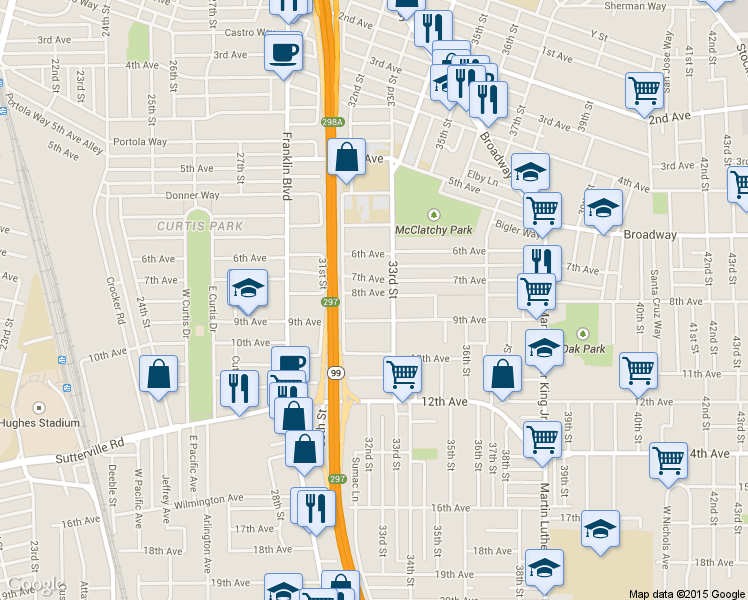 map of restaurants, bars, coffee shops, grocery stores, and more near 3356 33rd Street in Sacramento