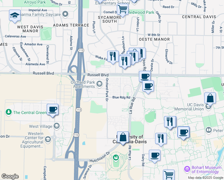 map of restaurants, bars, coffee shops, grocery stores, and more near 417 Russell Park in Davis