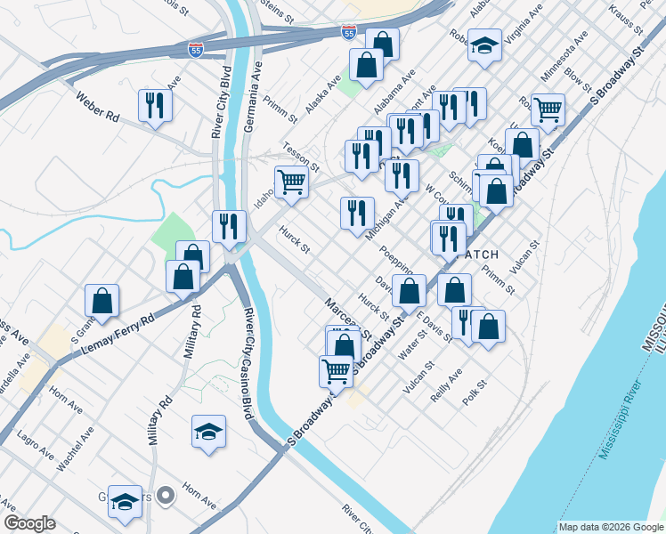 map of restaurants, bars, coffee shops, grocery stores, and more near 323 Marceau Street in St. Louis