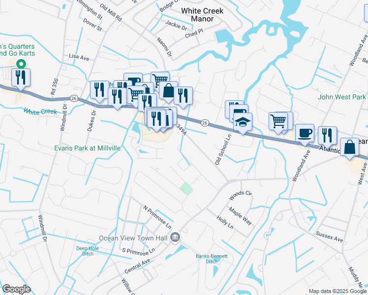 map of restaurants, bars, coffee shops, grocery stores, and more near 32956 Reba Road in Millville