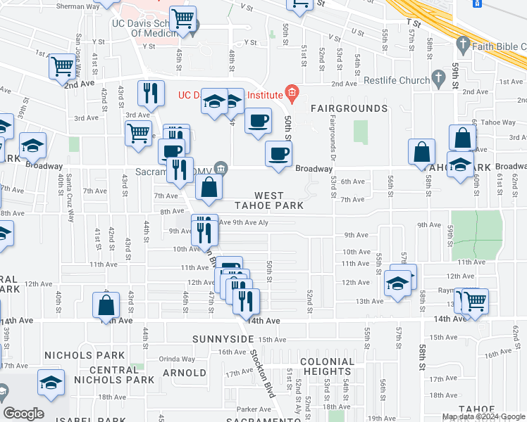 map of restaurants, bars, coffee shops, grocery stores, and more near 4961 8th Avenue in Sacramento