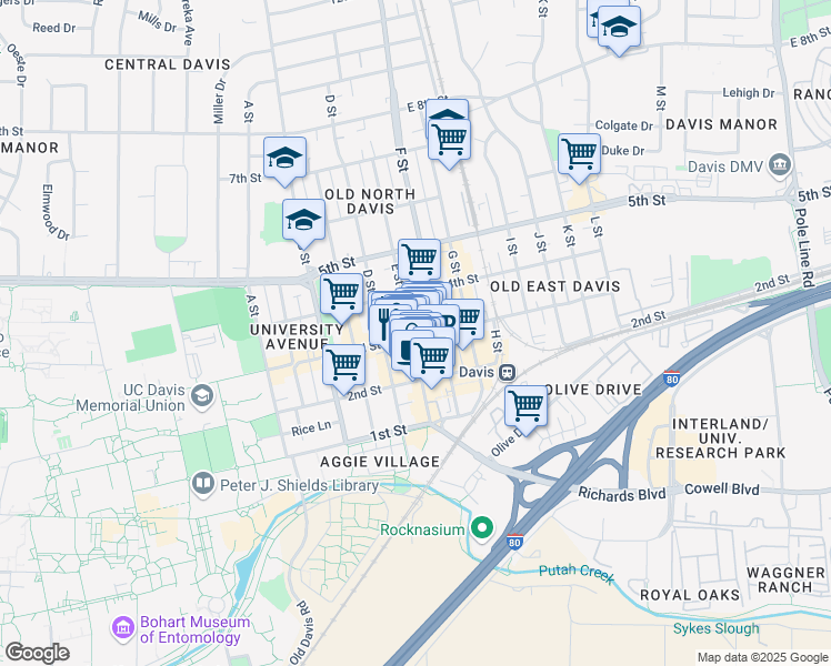 map of restaurants, bars, coffee shops, grocery stores, and more near 300 E Street in Davis