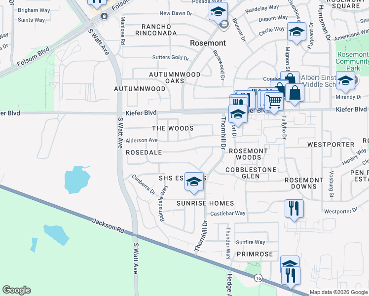 map of restaurants, bars, coffee shops, grocery stores, and more near 3963 Wildrose Way in Sacramento