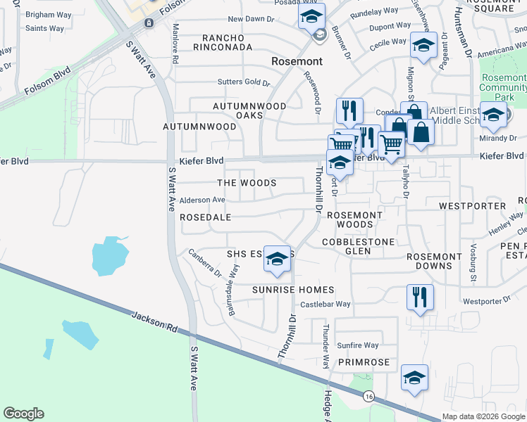 map of restaurants, bars, coffee shops, grocery stores, and more near 3963 Wildrose Way in Sacramento