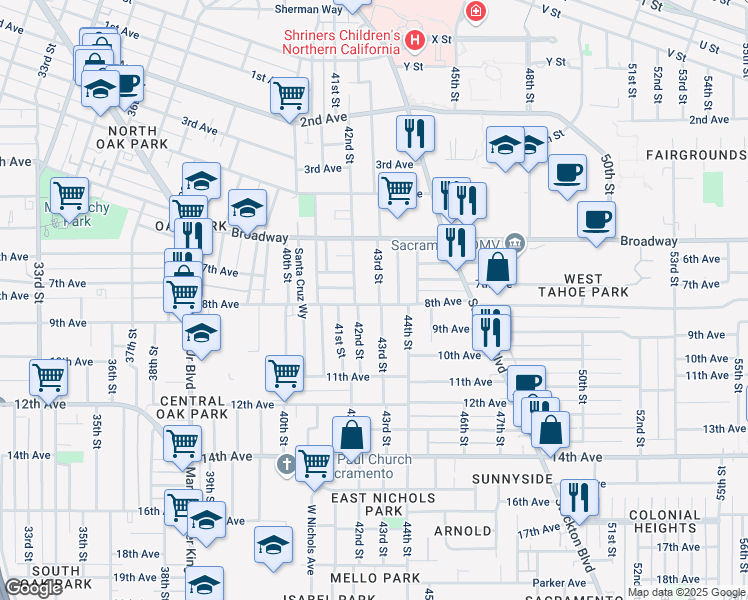 map of restaurants, bars, coffee shops, grocery stores, and more near 3333 43rd Street in Sacramento