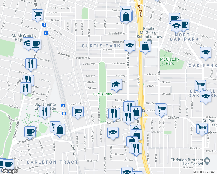 map of restaurants, bars, coffee shops, grocery stores, and more near 3349 East Curtis Drive in Sacramento