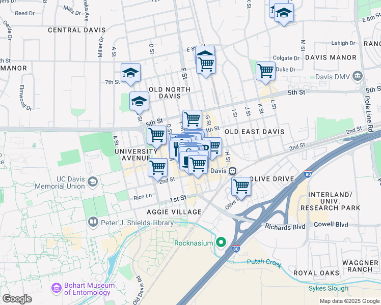 map of restaurants, bars, coffee shops, grocery stores, and more near 227 E Street in Davis