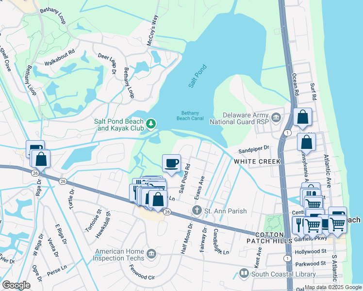 map of restaurants, bars, coffee shops, grocery stores, and more near 798A Salt Pond Circle in Bethany Beach