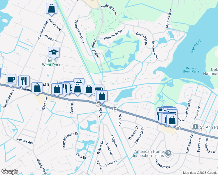 map of restaurants, bars, coffee shops, grocery stores, and more near 432 Canal Way West in Bethany Beach