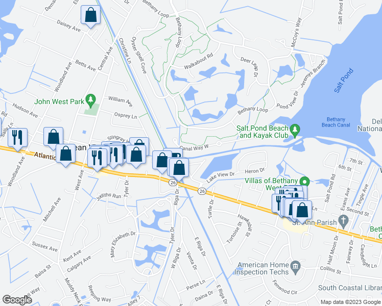map of restaurants, bars, coffee shops, grocery stores, and more near 432 Canal Way West in Bethany Beach