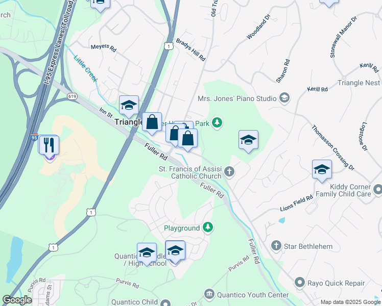 map of restaurants, bars, coffee shops, grocery stores, and more near 18786 Fuller Heights Road in Quantico