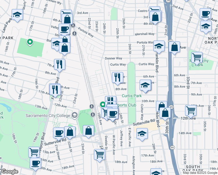 map of restaurants, bars, coffee shops, grocery stores, and more near 21 Crocker Drive in Sacramento