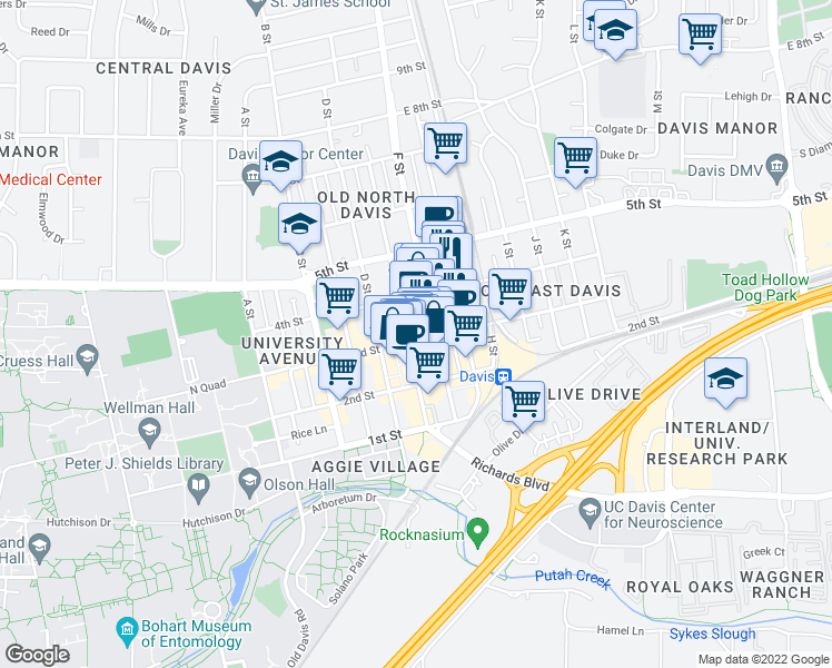 map of restaurants, bars, coffee shops, grocery stores, and more near 300 E Street in Davis