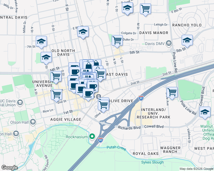 map of restaurants, bars, coffee shops, grocery stores, and more near 220 I Street in Davis
