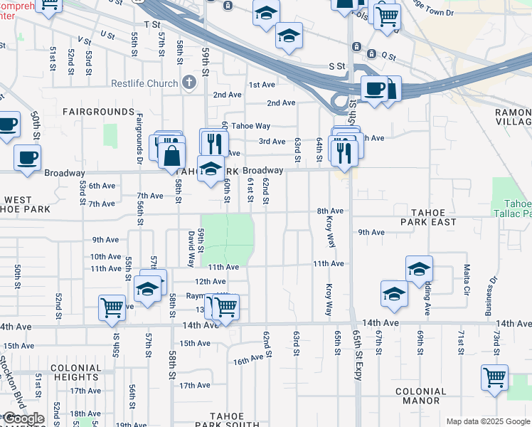 map of restaurants, bars, coffee shops, grocery stores, and more near 8th Avenue & 62nd Street in Sacramento