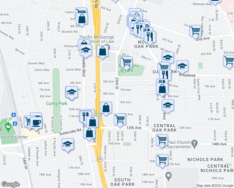 map of restaurants, bars, coffee shops, grocery stores, and more near 3290 6th Avenue in Sacramento