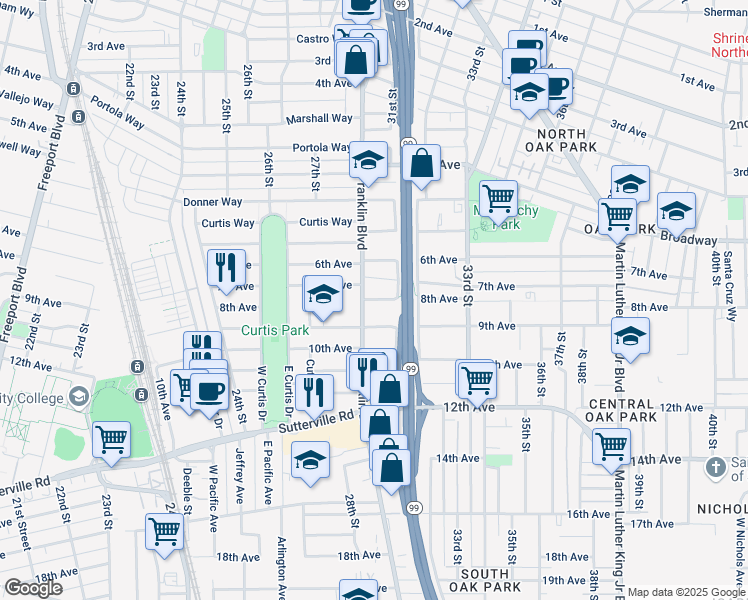 map of restaurants, bars, coffee shops, grocery stores, and more near 2775 7th Avenue in Sacramento
