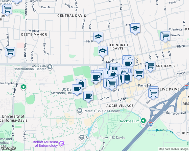 map of restaurants, bars, coffee shops, grocery stores, and more near 420 A Street in Davis