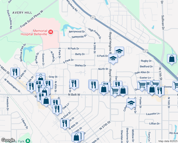 map of restaurants, bars, coffee shops, grocery stores, and more near 3920 Shirley Drive in Belleville