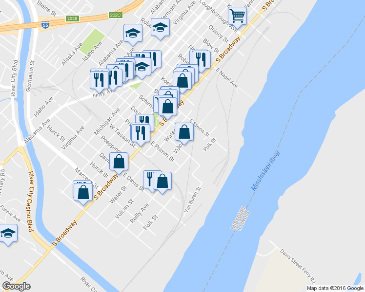 map of restaurants, bars, coffee shops, grocery stores, and more near 7714 Water Street in St. Louis