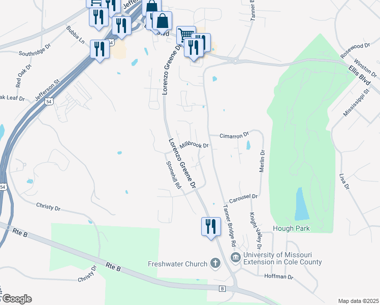 map of restaurants, bars, coffee shops, grocery stores, and more near 2120 Walz Court in Jefferson City