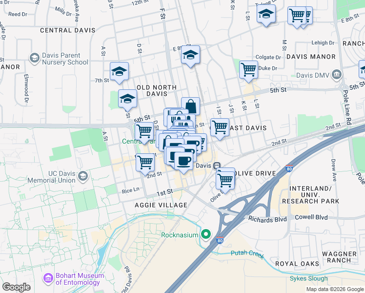 map of restaurants, bars, coffee shops, grocery stores, and more near 609 3rd Street in Davis