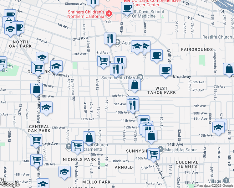 map of restaurants, bars, coffee shops, grocery stores, and more near 4525 8th Avenue in Sacramento