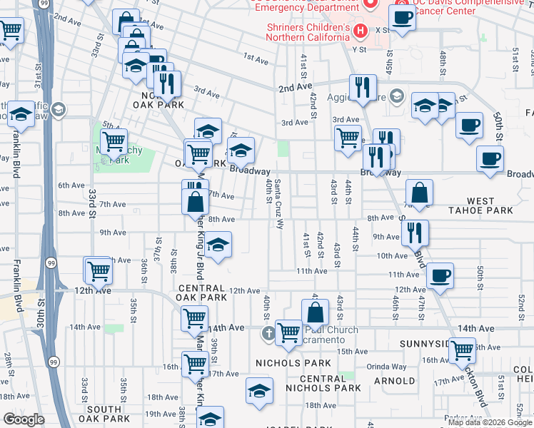 map of restaurants, bars, coffee shops, grocery stores, and more near 3160 40th Street in Sacramento
