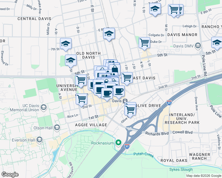 map of restaurants, bars, coffee shops, grocery stores, and more near 700 3rd Street in Davis