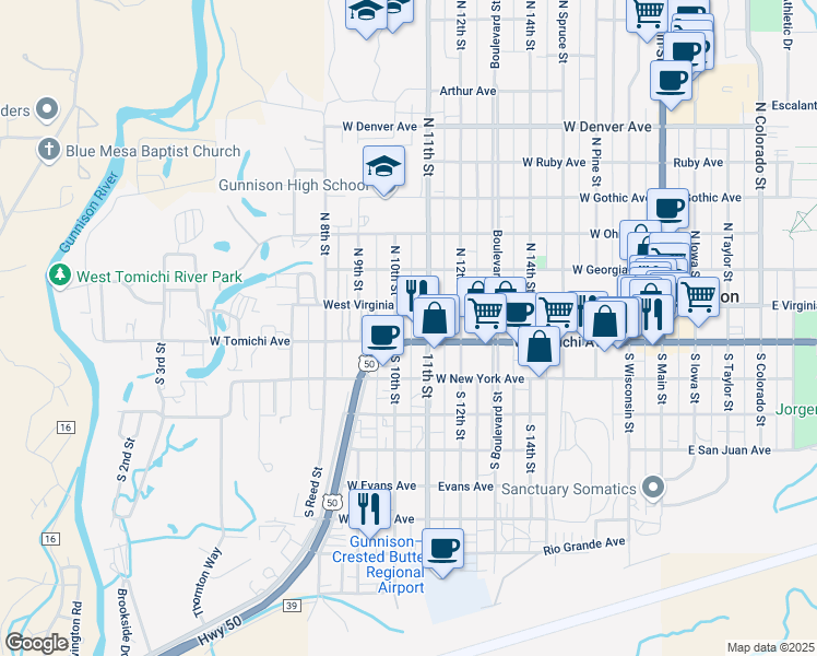 map of restaurants, bars, coffee shops, grocery stores, and more near 847 West Virginia Avenue in Gunnison