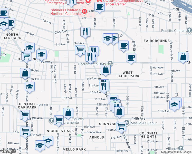 map of restaurants, bars, coffee shops, grocery stores, and more near 3116 Stockton Boulevard in Sacramento