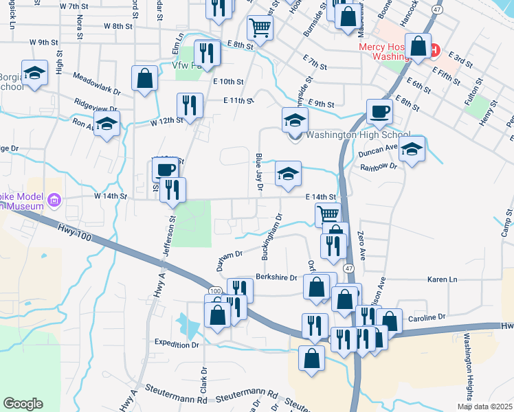 map of restaurants, bars, coffee shops, grocery stores, and more near 283 Carriage Court in Washington