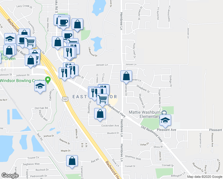 map of restaurants, bars, coffee shops, grocery stores, and more near 8520 Alden Lane in Windsor