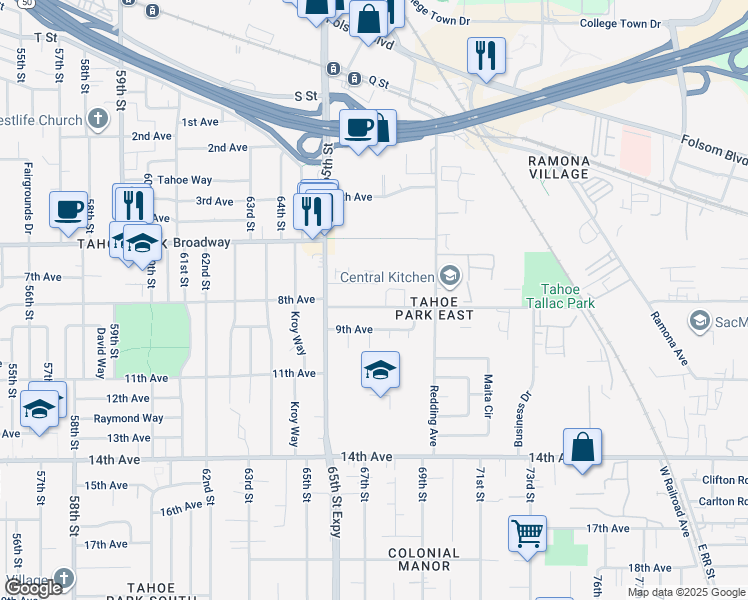 map of restaurants, bars, coffee shops, grocery stores, and more near 3201 Luscutoff Court in Sacramento