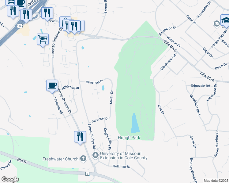 map of restaurants, bars, coffee shops, grocery stores, and more near 1909 Merlin Drive in Jefferson City